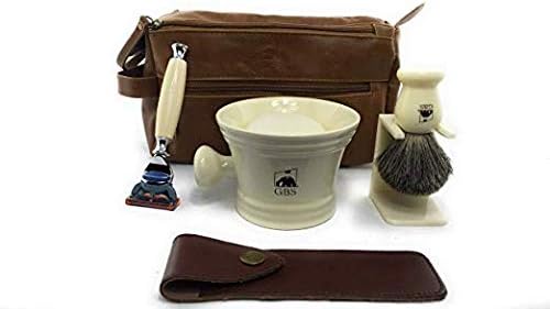 G.B.S Men's Deluxe Grooming Ivory Set- 5 Blade Razor with Case, Synthetic Bristle Brush and Stand, 4.5in Diameter Ceramic Mug, Toiletry Travel Bag ahd Natural Glycerin Shave Soap