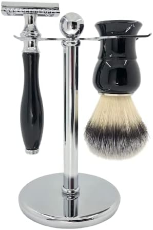 CSB Wet Shaving Kit for Men - 3 in 1 Shaving Set Includes Synthetic Nylon Shaving Brush, Double Edge Safety Razor, Chrome Shaving Stand Holder with 10 Blades