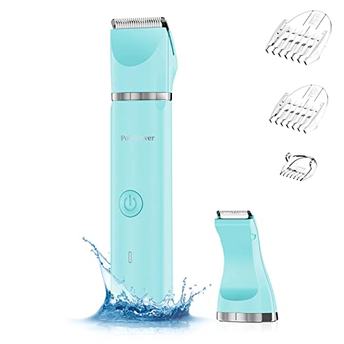 Electric Bikini Trimmer for Women - PolyPower 2 in 1 Electric Women Pubic Hair Trimmer, Portable Ladies Shaver with 2 Trimmer Heads,Waterproof Wet and Dry Use (Blue)