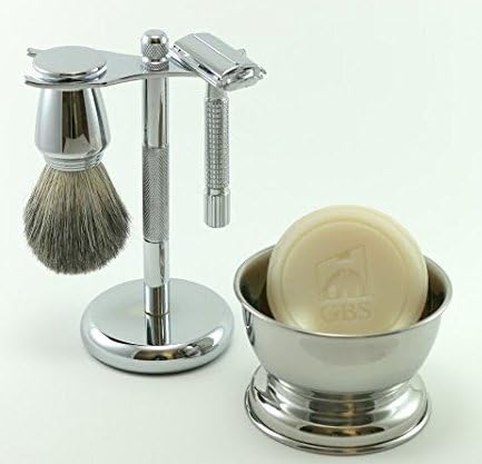 G.B.S Men’s Grooming Shaving Kit for Wet Shaving Butterfly DE Safety Razor, Shaving Brush, Chrome Soap Bowl, Shaving Soap, Brush and Razor Stand With DE Blades