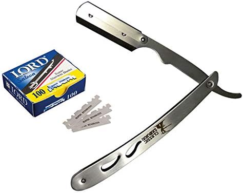 Classic Samurai CS-102 Stainless Steel Professional Barber Straight Edge Razor with 100 Lord Single Edge Razor Blades (Silver Metal)
