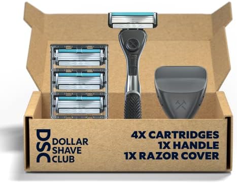 Dollar Shave Club - Shaving Kit with Diamond Grip Razor Handle, 4-Blade Blade Refills, & Blade Cover, Easy to Grip Handle, for Travel, Blue