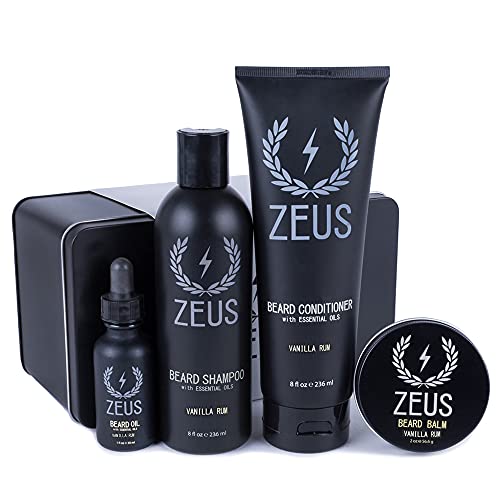 ZEUS Everyday Beard Kit with Tin Gift Box – Beard Wash Shampoo & Conditioner, Natural Beard Oil, Beard Balm & Tin Box (Vanilla Rum)