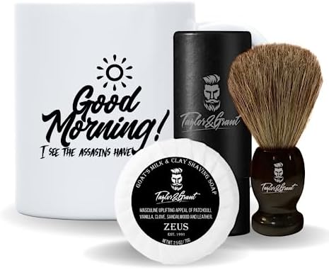 Luxury Men's Grooming Kit. Includes Premium Badger Hair Shaving Brush, Goat Milk Shaving Soap Plus a Good Morning! I See the Assasins Have Failed Mug from Taylor & Grant. Premium Luxury Grooming Kit.