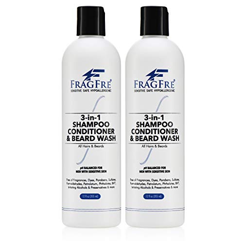 FRAGFRE 3 in 1 Shampoo Conditioner and Beard Wash for Men 12 oz (2-Pack Gift Set) - Unscented Beard Wash for Sensitive Skin - One Step Hair Beard Cleansing and Conditioning - Saves You Time and Money