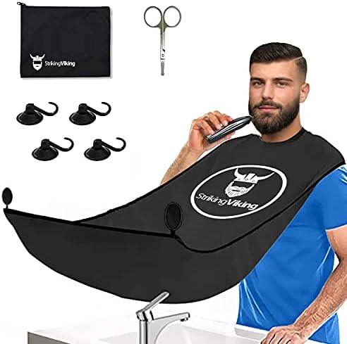 Striking Viking Beard Bib Hair Catcher Apron for Shaving and Trimming - 4 Piece Beard Bib Kit with Beard Cape, Scissors, Extra Suction Cups, Storage Bag