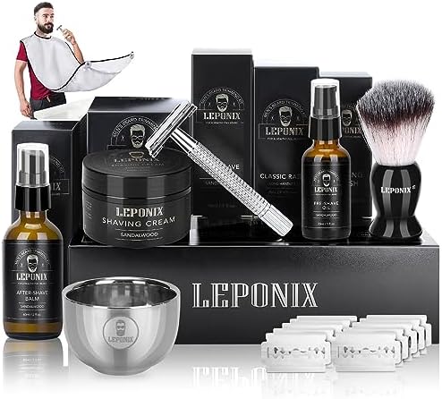Shaving Kit for Men, Include Safety Razor, Sandalwood Cream, aftershave, Pre Shave Oil, Shaving Brush and Bowl, Shaving Apron Bib -Unique Gifts for Him Stocking Stuffers