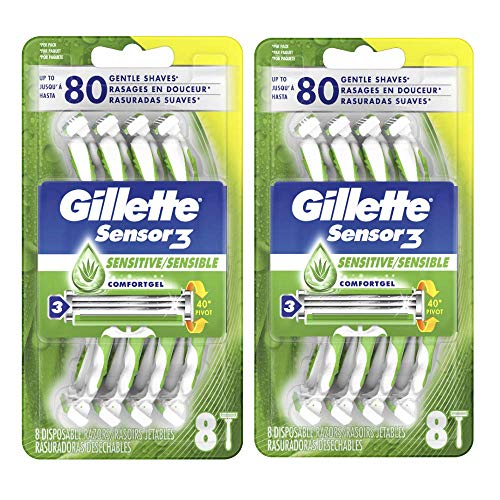 Gillette Sensor3 Sensitive Disposable Razors for Men, Enhanced Lubrastrip Glides Easily Over Your Skin, 8 Count (Pack of 2)