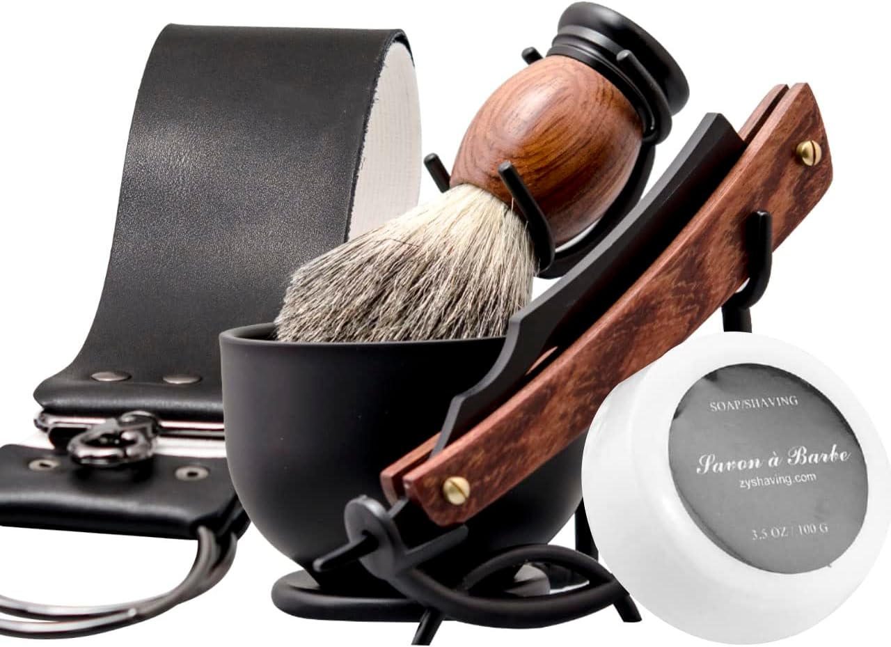 Shaving Straight Razor Kit, Steel Cutthroat Straight Razor With Leather Strop, Shaving Brush, Stainless Steel Shaving Bowl and Stand, Shaving Soap, Gift for Men