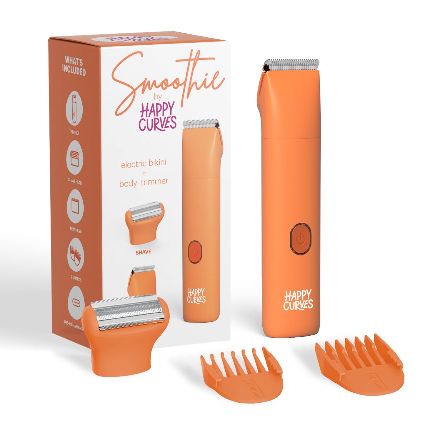 HAPPY CURVES Smoothie Bikini Trimmer - Electric Razor for Women, Waterproof Hair Trimmer with Adjustable Guards, Personal Shaver for Pubic Hair, Ladies Intimate Shaver and Body Hair Trimmer (Mango)