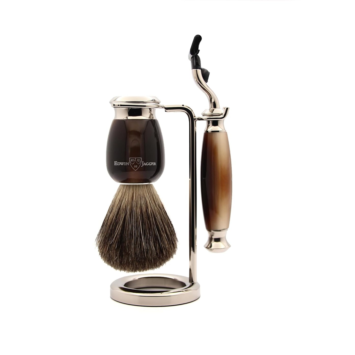 Edwin Jagger S81M582AMZ Imitation Light Horn & Nickel Classic Shaving Set with Pure Badger Shaving Brush and Mach 3 Razor for Shaving Cream or Soap for Men