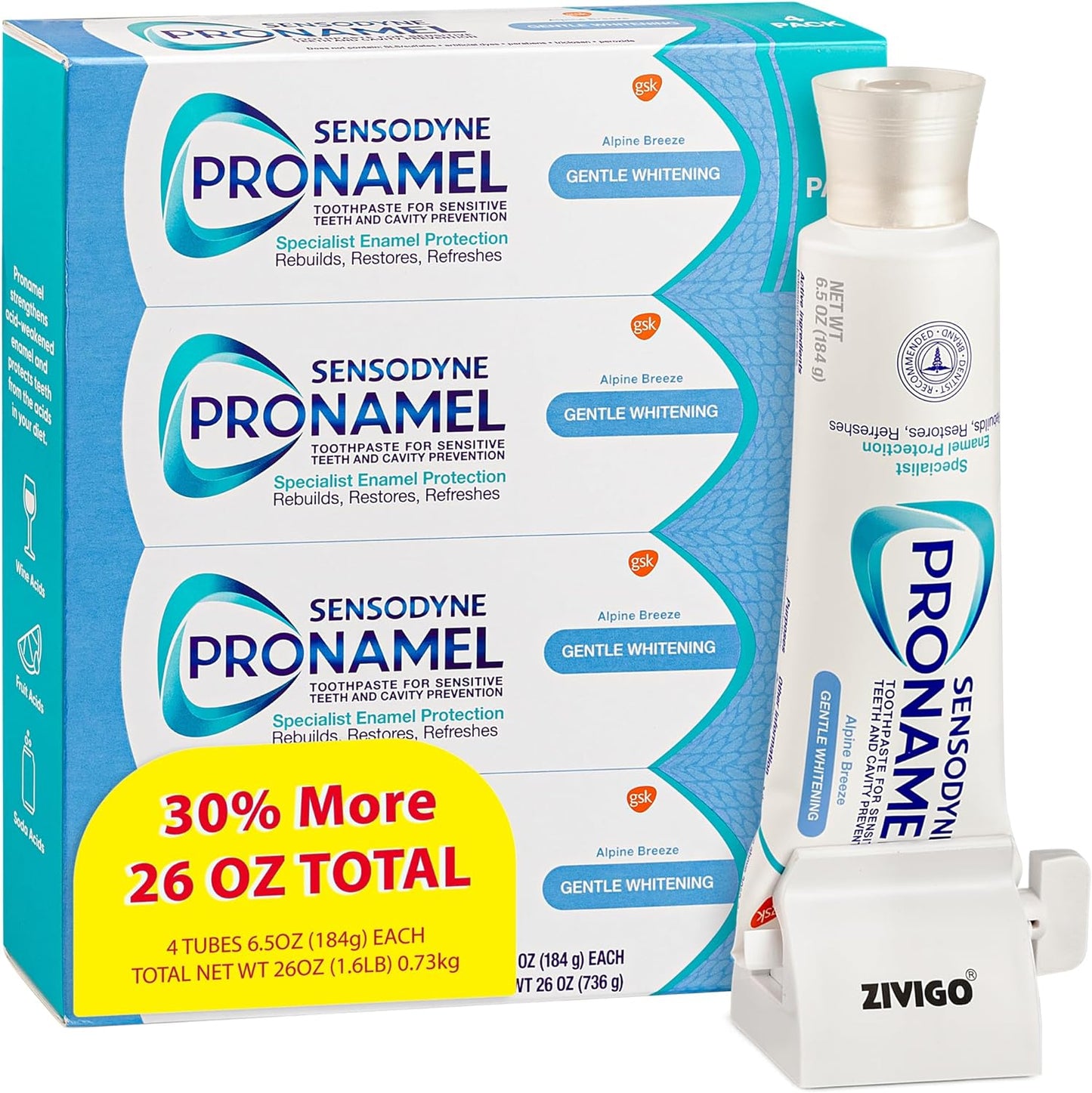 Sensodyne'-Pronamel' Gentle Teeth Whitening, Enamel Toothpaste for Sensitive Teeth, to Reharden and Strengthen Enamel, 4 Large Tubes of 6.5 oz (Total 26 oz) + Bonus Zivigo Toothpaste Squeezer