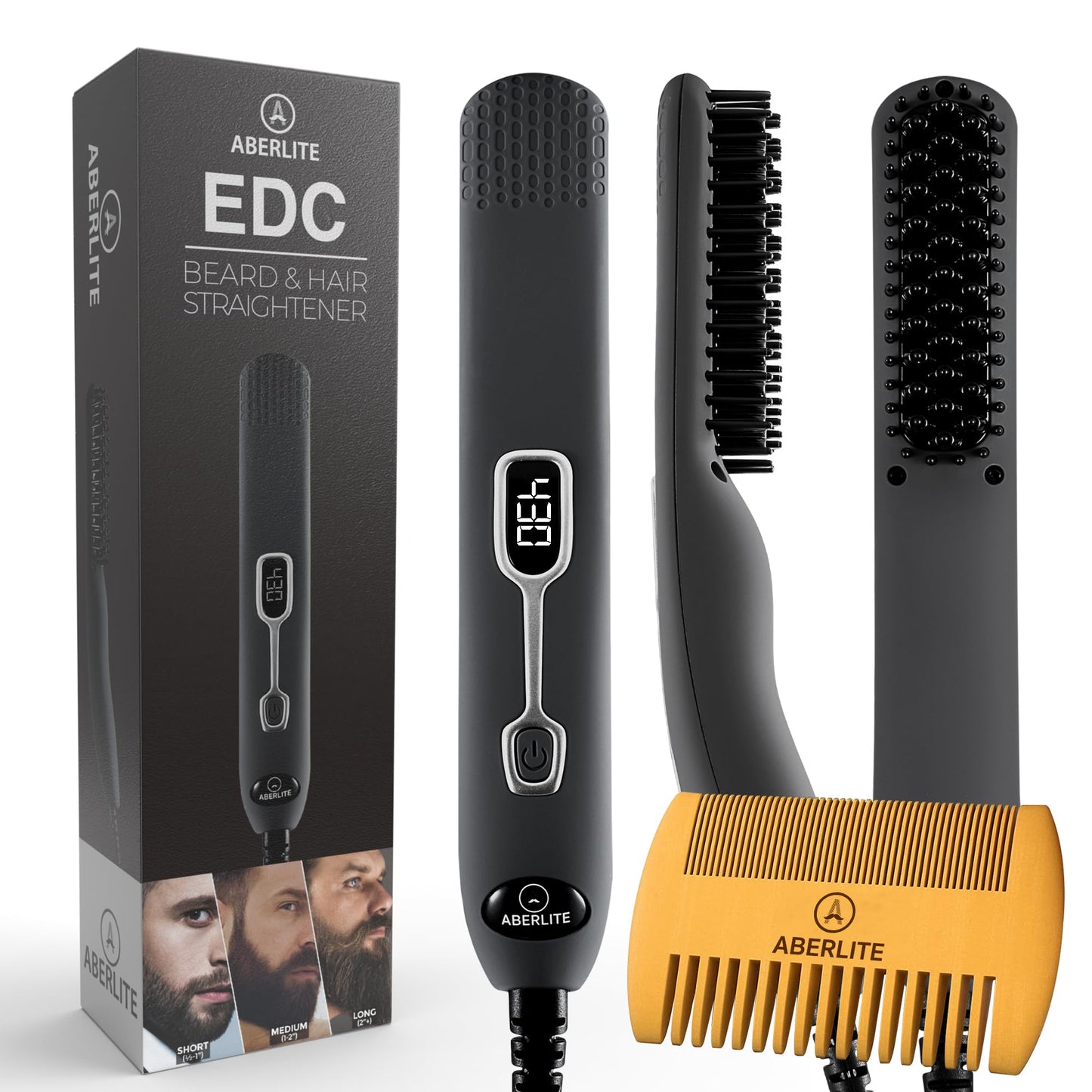 Aberlite EDC - Premium Beard Straightener Brush for Men - Professional Straightening Tool Heated Comb - Beard Kits for Men - Beard Kits Gift Sets Men - Beard Grooming Kit for Men Gift Set (Gray)