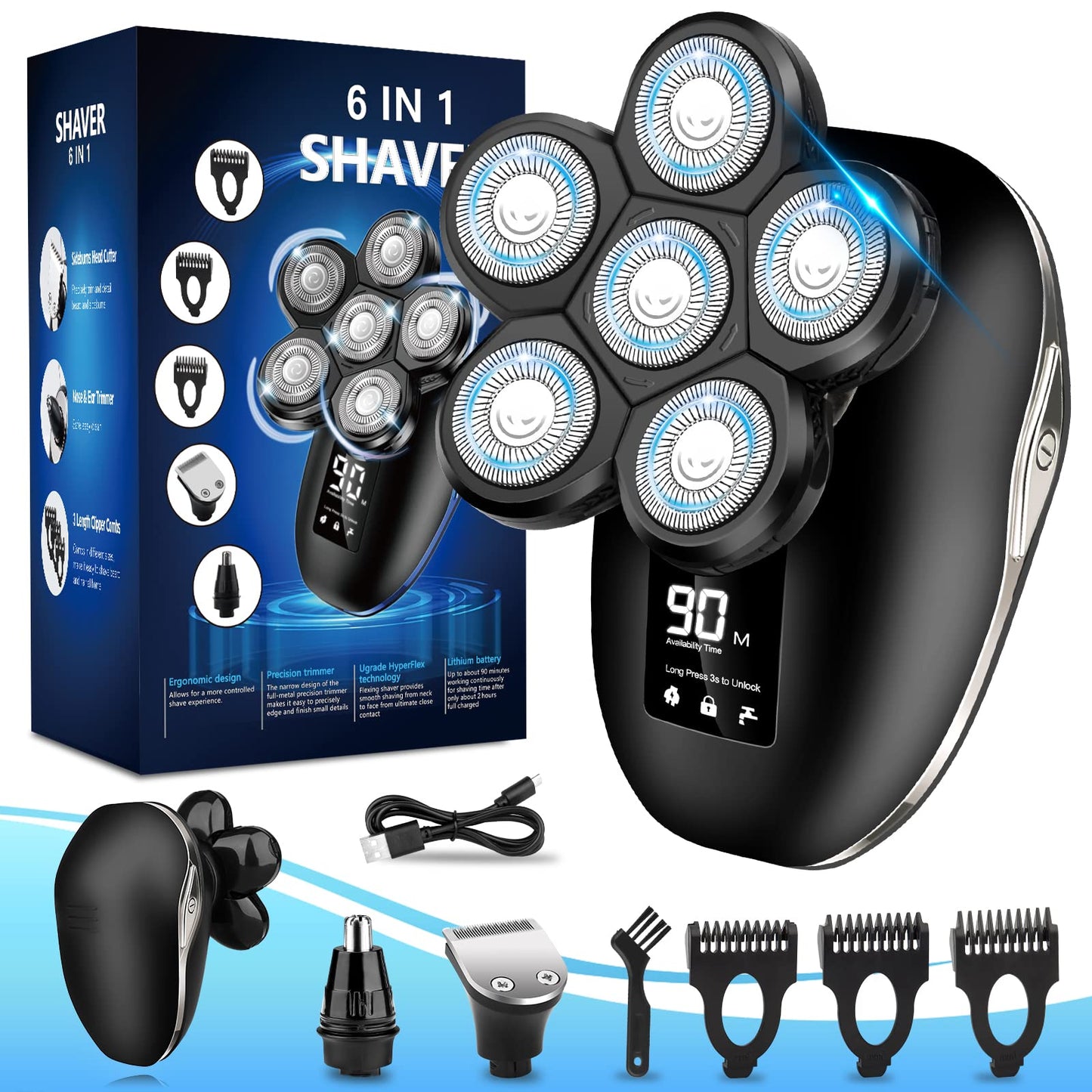 Head Shaver for Bald Men,Electric Shaver for Bald Head 6D Wet/Dry Waterproof Mens Electric Razor Head Shavers Mens Grooming Kit Cordless Rechargeable Face Head Shaving Rotary Shaver