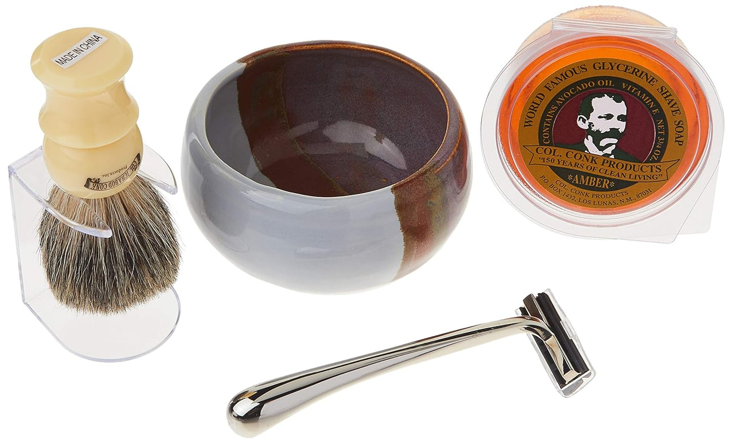 Colonel Conk Model 232 Santa Fe Shave Cup, Mixed Badger Brush, Chrome Razor and Soap