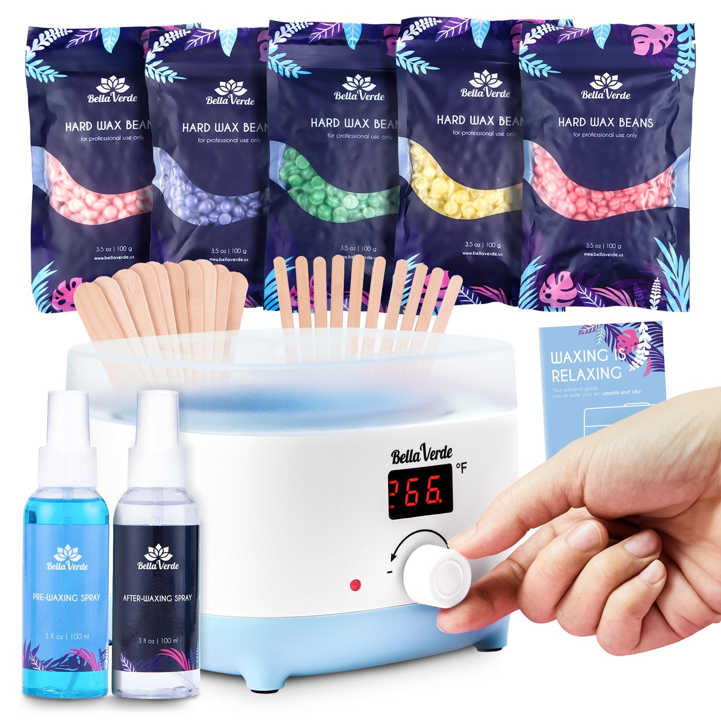 Bella Verde Waxing Kit For Women & Men - Digital Melting Wax Pot, 20 Waxing Sticks, 5 Packs Hard Wax Beans, Pre & After Wax Sprays - Easy, Fast, Painless Hair Removal - Non-Cruelty, For All Skin Types