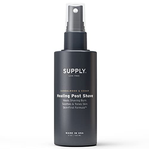 SUPPLY Healing Post Shave - Sandalwood & Cedar After Shave -Nourishes Skin, Soothes Irritation, Boosts Cell Repair - Natural, Alcohol Free After Shave for Men - Safe for Sensitive, Acne-Prone Skin - 2 Oz Bottle