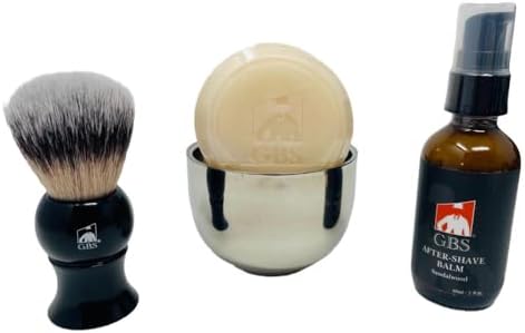 G.B.S Men's Shaving 4n1 Starter Kit - Natural Shaving Soap, Vegan Shaving Brush, Stainless Steel Shave Soap bowl, Sandalwood Aftershave Balm Grooming Kit for Men