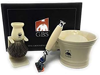 G.B.S Men's Grooming Kit - 5 Blade Ivory Razor, Ceramic Mug, Glycerin Soap, Shaving Brush, Stand Ultimate Includes 1 Blade