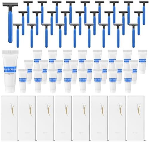 Hushee 100 Pack Shave Kit Bulk Travel Shaving Cream Disposable Twin Blade Razors and Cream Individually Wrapped Smooth Razor with Clear Cap Toiletries for Hotel Shelter Camping Travel Homeless