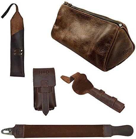 Hide & Drink, Barber Mega Pack (Set of 5), Leather Razor Strop, Case for Straight Razor, Double Edge Safety Razor & Brush, and Toiletry Bag, For Shaving, Handmade :: Bourbon Brown