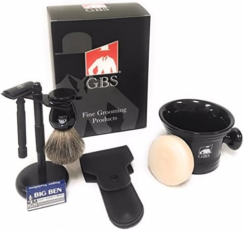 G.B.S Men's Shaving Kit - Black Matte Double Edge Butterfly Razor with Travel Case and Blades, Shaving Brush, Shaving Soap Mug with Knob Handle, Dual Stand Brush