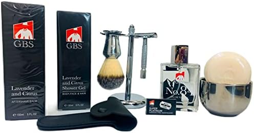 G.B.S Men’s Grooming Shaving Set 9 Pieces, Butterfly Razor, Bowl with Soap, Cologne, Synthetic Bristle Brush and Razor Chrome Stand Aftershave Shower Gel