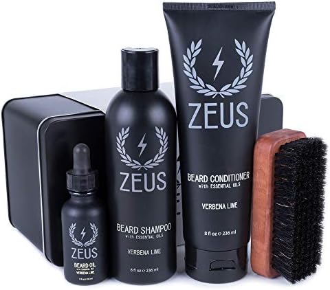 ZEUS Deluxe Beard Wash & Grooming Kit for Men – Natural Beard Oil, Beard Wash Combo & Beard Brush Gift Set (Verbena Lime)