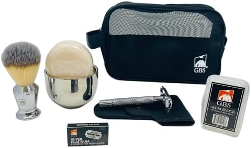 G.B.S Men Deluxe Travelling Kit – Butterfly Double Edge Safety Razor, Chrome Shaving Brush, Soap Bowl, Natural Shaving Soap with Alum Block, Mesh Toiletry Bag
