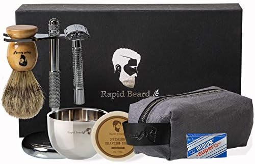 Shaving Kit for Men Wet Shave - Safety Razor with 10 blades, Shaving Badger Hair Brush, Sandalwood Shaving Soap Cream, Shaving Stand, Stainless Steel Bowl Mug, Canvas Dopp Kit - Gift Set
