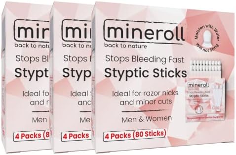 Mineroll Styptic Stick Shave Accessories (3 Packs of 4, 240-Sticks) Stops Bleeding for Razor Nicks and Minor Cuts for Men & Women, Sanitary and Great for Barbers & Personal, Shaving Kit Essential