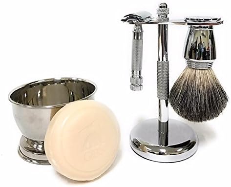 G.B.S Men’s Shave Set, Double Edge Safety Razor, Badger Hair Shaving Brush, Brush and Razor Stand, Chrome Shaving Bowl, Natural Shaving Soap and Blades