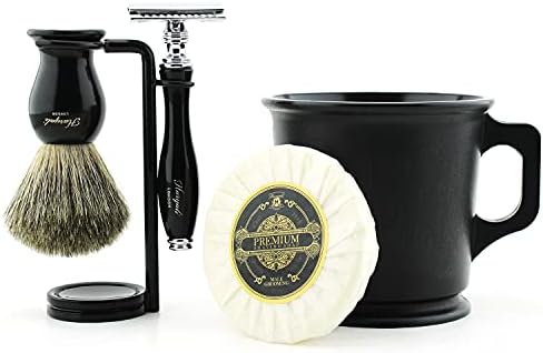 Old School Complete Shaving Kit with Brush Mug DE Safety Razor & Soap Gift Set