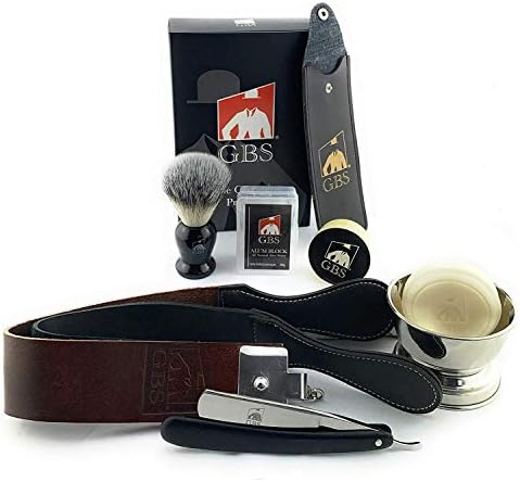 G.B.S Wet Shaving Kit for Men Shaving Kit Includes 6/8in Rust-free Straight Razor with Black Wooden Handle, Synthetic Brush with chrome Shave Soap Bowl Leather Strop