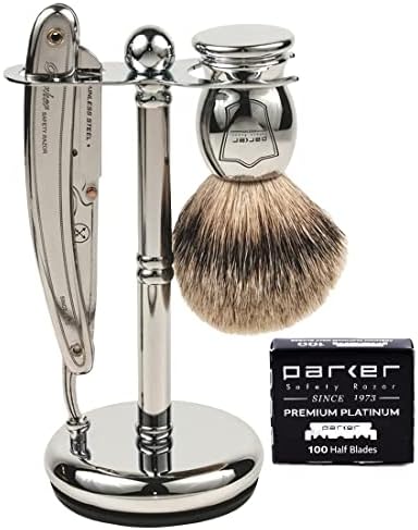 Parker SR1 Men’s Shave Set – Pure Badger Brush, Shave Stand, Razor & 100 Blades
