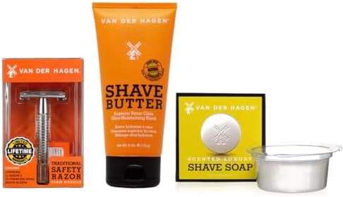 Van Der Hagen Men’s Traditional Safety Razor Kit (includes 5 blades), Chrome Bundle with Van Der Hagen Shave Butter- Best Shave and Van Der Hagen Men's Luxury Scented Shave Soap