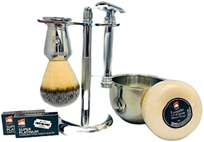 G.B.S Men's Shaving Set- Double Edge Safety Razor MK 38 Made in Soligen Germany, Shaving Brush, Dual Stand, Chrome Shaving Bowl, Natural Shave Soap, Double Edge Safety Razor Blades