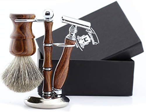 Haryali London Shaving Kit - 3 Pc Wooden Shaving Kit - Double Edge Safety Razor - Super Badger Shaving Brush - Shaving Stand from Wood and Stainless Steel - Sustainable Shaving Set as a Gift Set