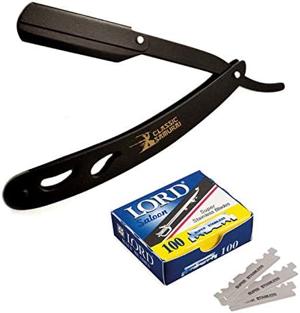 Classic Samurai CS-102 Stainless Steel Professional Barber Straight Edge Shavette Cut Throat Razor (Matte Black + 100 Lord Blades)