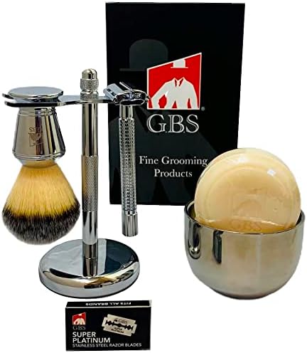 G.B.S Shaving Set, Long Handle Non-slip Knurled Razor Stand Shaving Brush, Shaving Bowl with G.B.S Natural Soap, 5 Blades