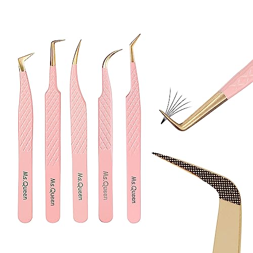 Ms.Queen Eyelash Extension Tweezers Set,Fiber Tip Volume Tweezers Curved 45 90 Degree Angled Tip Lash Tweezers for Mega Volume Mink Lashes