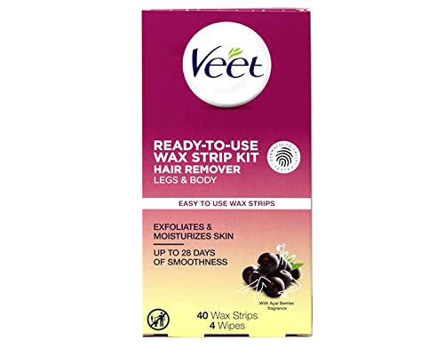 Veet Leg & Body Hair Removal Kit- Sensitive Formula, Ready-to-use Cold Wax Strips, Shea Butter & Acai Fragrance, 40 Count (Pack of 2)