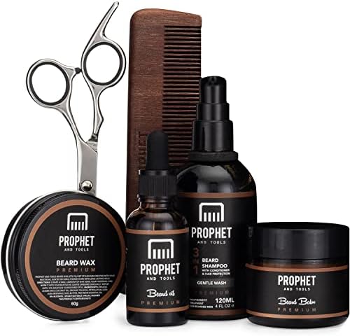 6 Pieces Mens’ Beard Grooming Kit - Includes Beard Oil, Balm, Wax, Shampoo, Comb and Scissors - Personal Barber in Your Bathroom - Grow Fuller, Moisturize & Style - Perfect as a Gift