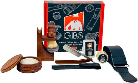 G.B.S Complete Professional Wet Shave Kit Shaving Set- Shave Box Includes 5/8" Inch Carbon Steel Straight Razor with Wooden Handle, Synthetic Hair Shave Brush, Wood Shave Soap Bowl