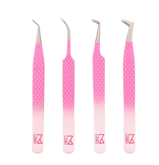 M LASH Eyelash Extension Tweezers (Set of 4) - Professional & Precision Lash Tweezers for Eyelash Extensions - Japanese Steel, Diamond Grip, Fiber Tip for Stunning Results (Ombre)