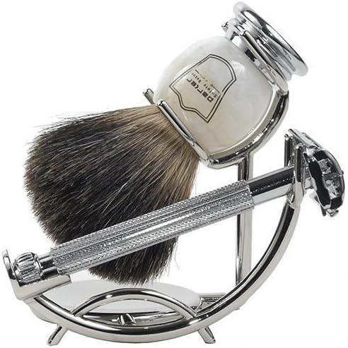 Parker 29L Safety Razor Shave Set - Includes Black Badger Brush, Stand & Parker 29L Butterfly Open Safety Razor