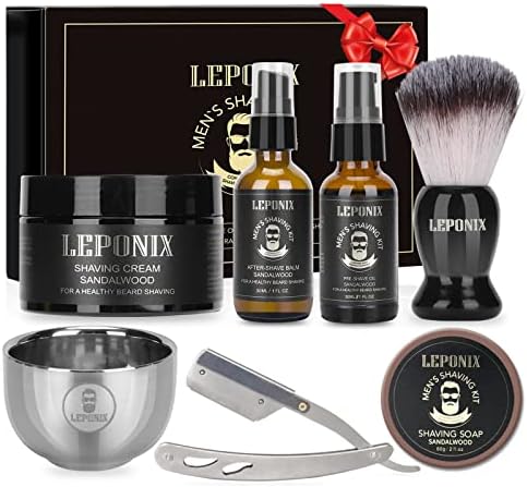Shaving Kit for Men-Includes Straight Edge Razor Kit, Sandalwood Shaving Soap, Shaving Cream, Mens After Shave Balm, Pre-Shave Oil,Shaving Brush and Bowl,Shaving Gift Set for Men (Sandalwood)