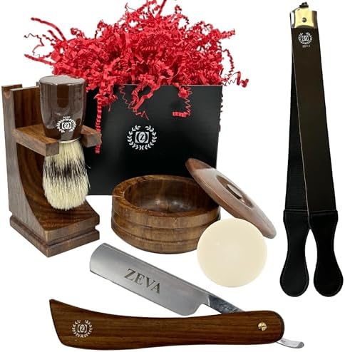 Shaving kit for Men Gift set Wood Straight Razor Shave Ready Wooden Shave Stand Wood Bowl Cow Leather Strop for Honning Razor Rich Lather Soap Christmas gift for him