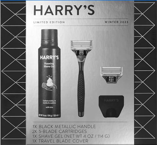 Harry's Holiday Gift Set for Men: Harry's Holiday Black Metallic Handle + 2ct Razor Blade Cartridges + Travel Blade Cover + 1 Foaming Shave Gel with Taha Sticker