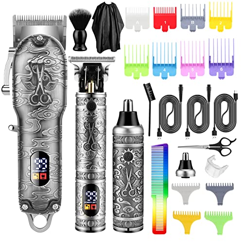 RESUXI Hair Clippers for Men Beard Trimmer Nose Hair Trimmer 3pcs Set,Cordless Professional Barber Clippers for Hair Cutting, Barber Supplies Grooming Kit for Men USB Rechargeable LED Display